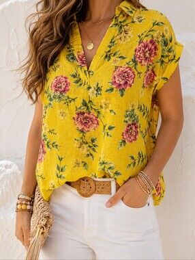 Vanessa Zani Linen 100% Made In Italy Floral Peony Oversized Blouse Medium